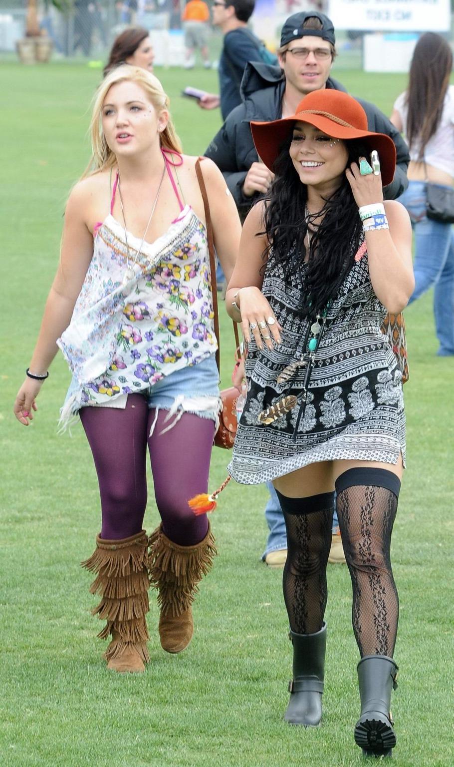 10P Vanessa Hudgens upskirt wearing a mini skirt  stockings at Coachella Music Festi