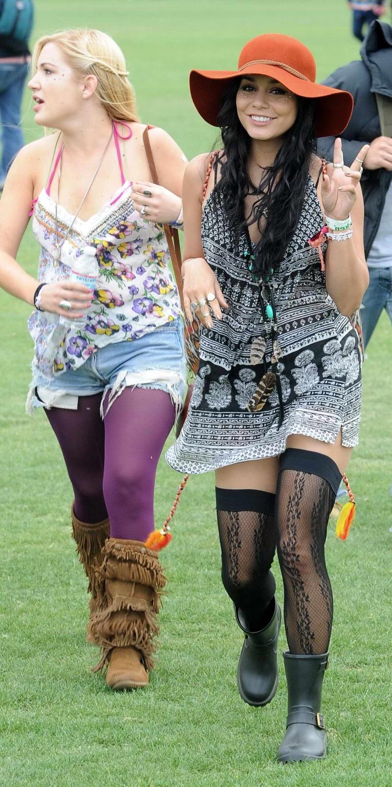 10P Vanessa Hudgens upskirt wearing a mini skirt  stockings at Coachella Music Festi