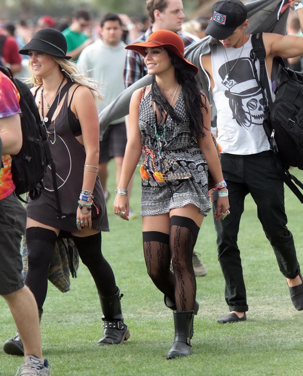 10P Vanessa Hudgens upskirt wearing a mini skirt  stockings at Coachella Music Festi