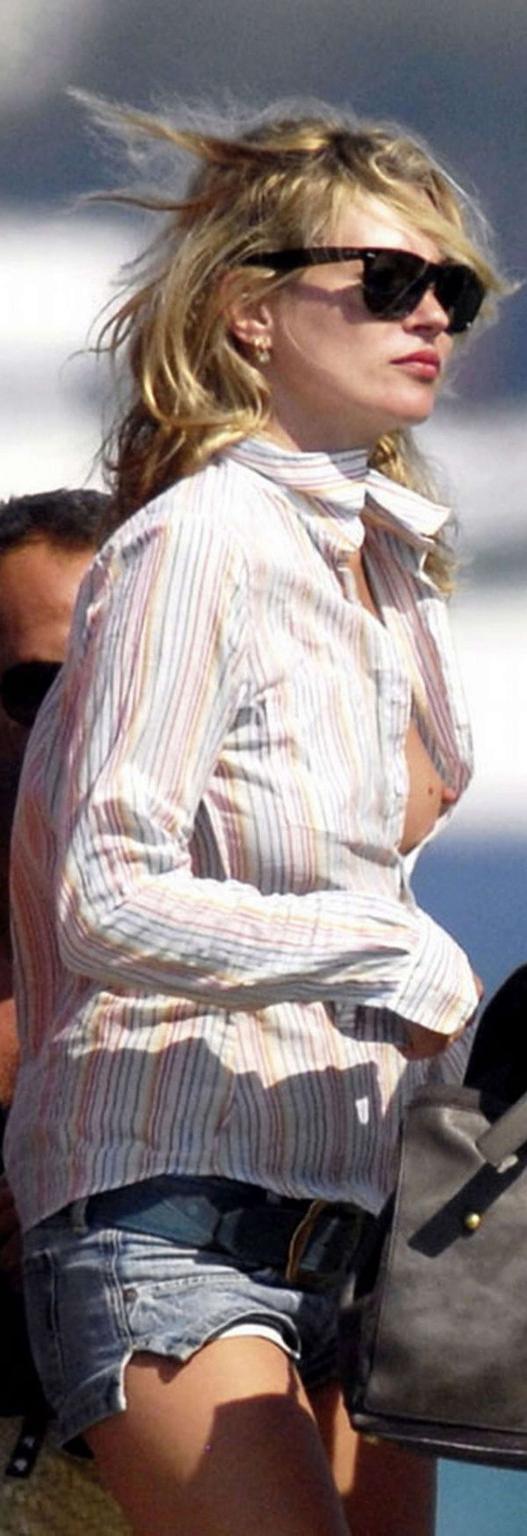 16P Kate Moss leggy on stage and upskirt and topless on beach