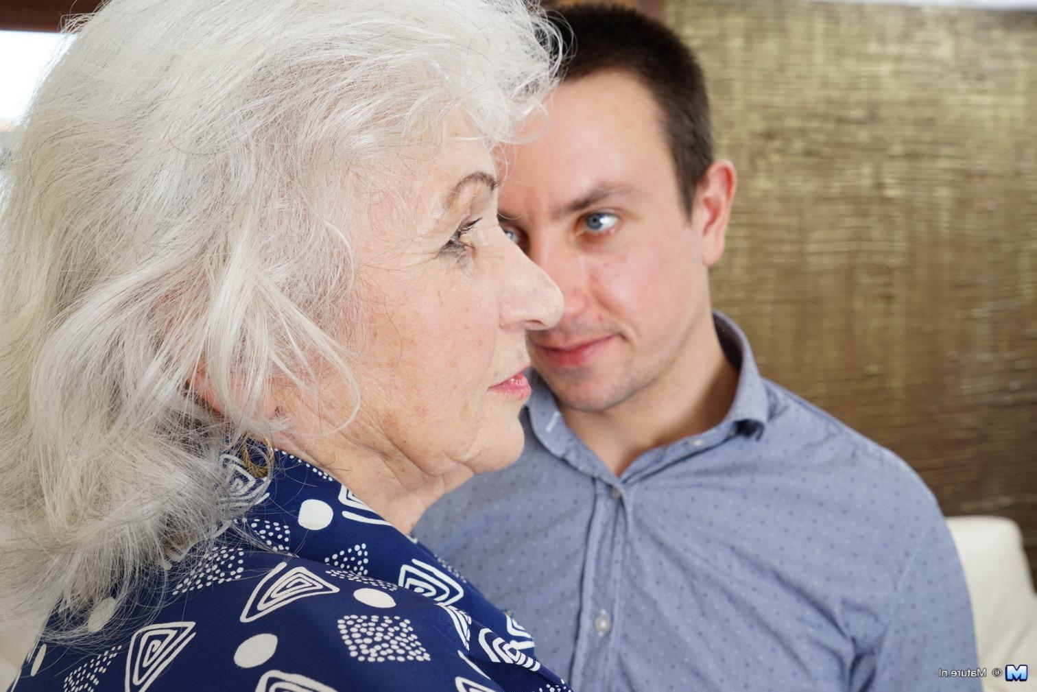 16P Horny toy boy playing around with a hairy granny