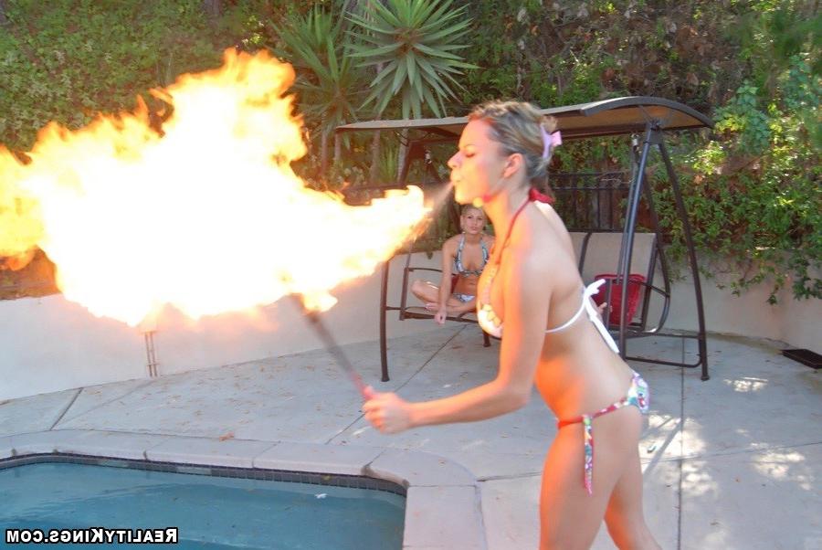 12P Amazing bikini babes nikki and shay play by the pool with amazing  fire breather