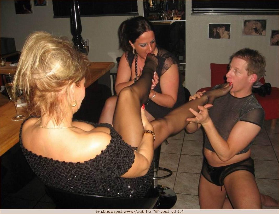 12P Lady Barbara gets her nylon legs worshiped at her private party