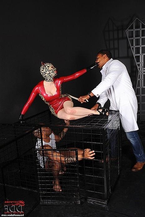 16P Latex Lucy cagged cat girl in kinky red is fucked