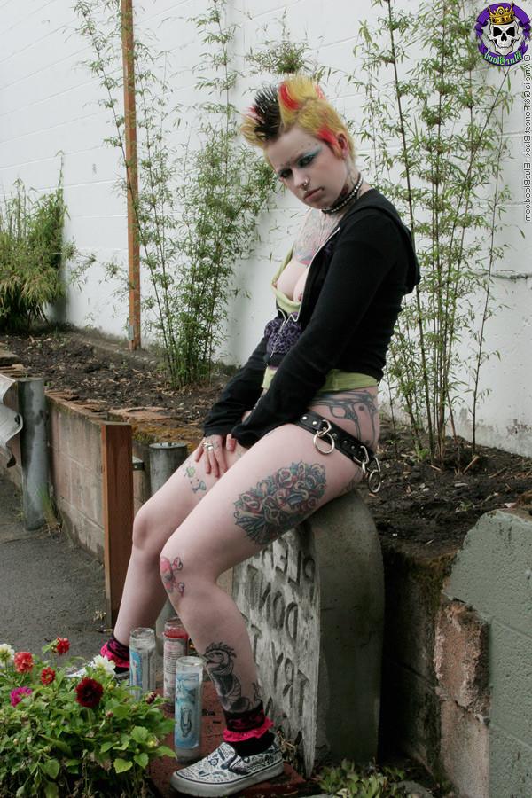 16P Hot tattooed punk babe by gravestone