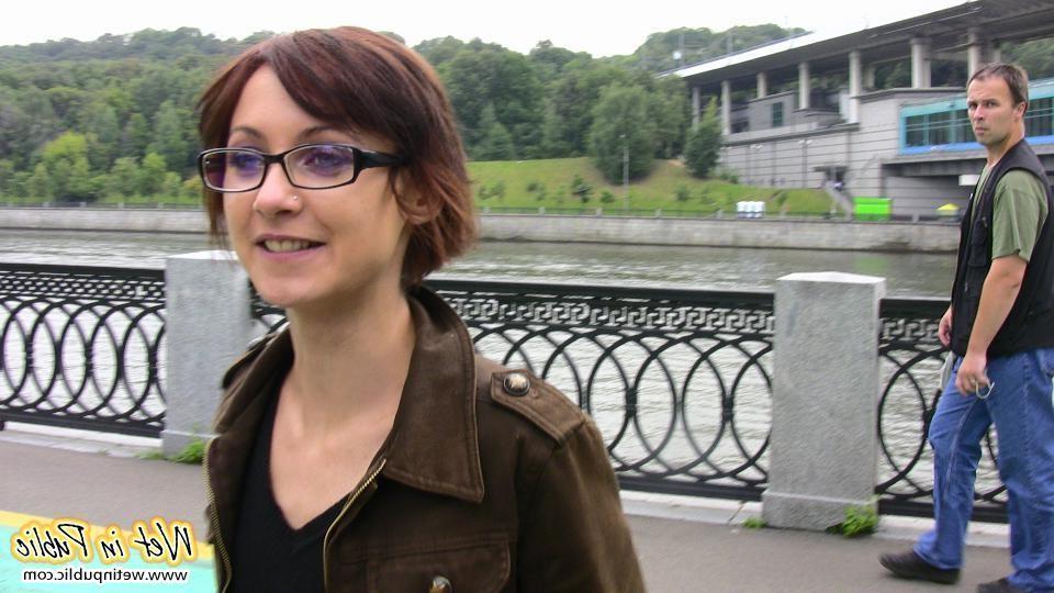 15P Nervous grin of a girl in glasses who pissed in jeans in public