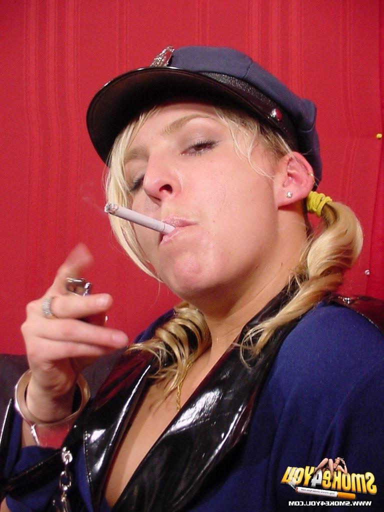 16P Policewoman Alisha teases her smoke and strokes her pussy