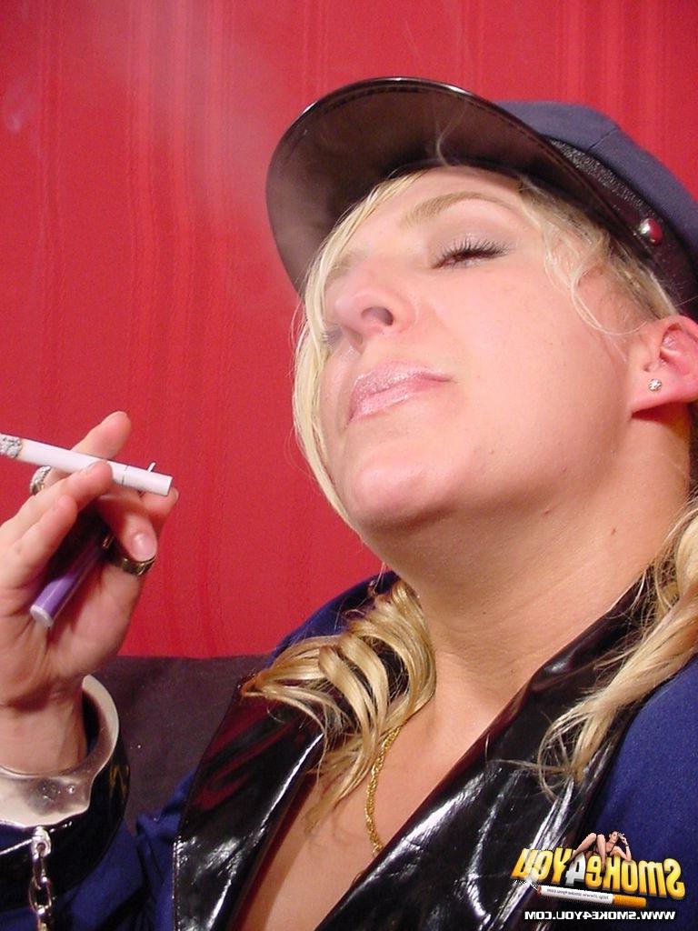 16P Policewoman Alisha teases her smoke and strokes her pussy