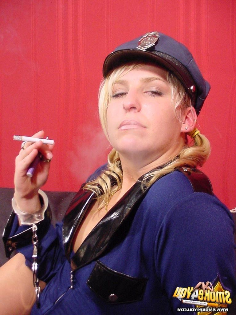 16P Policewoman Alisha teases her smoke and strokes her pussy
