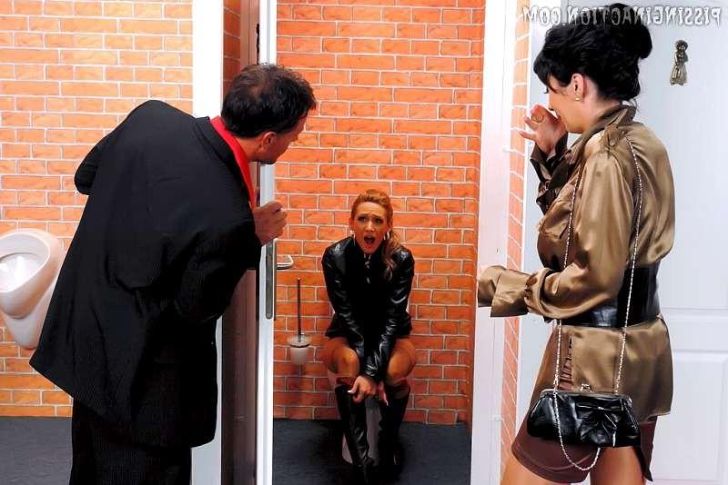 20P Slutty pierced blonde drinks pee through a gloryhole in the wall