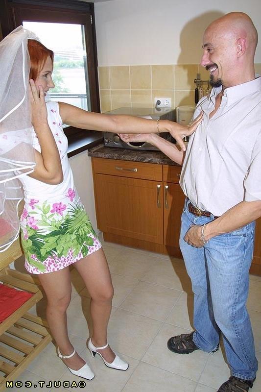 15P Small tit european redhead bride w/ shaved pussy fucks hard
