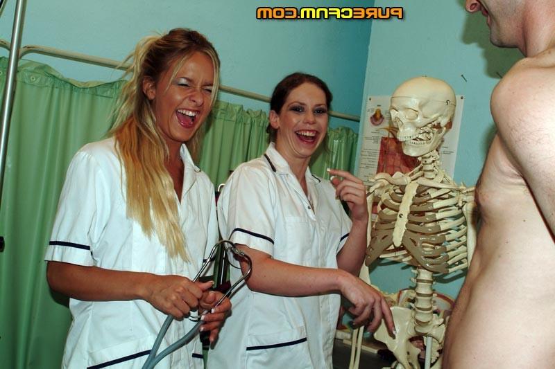 18P Three nurses check guys penis with latex gloves