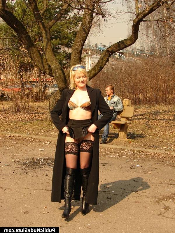 14P Chic blonde beauty in black lingerie and stockings flashes in public