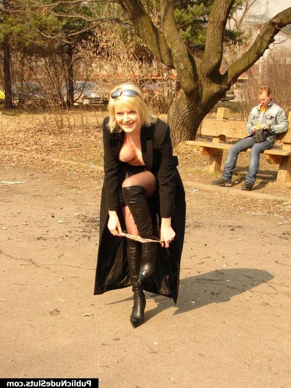 14P Chic blonde beauty in black lingerie and stockings flashes in public