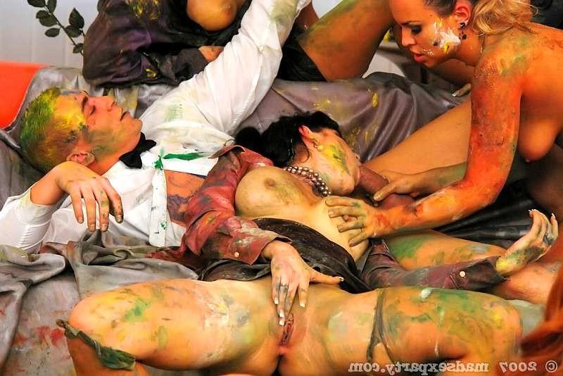 19P Group of nasty students playing with finger paint in art class