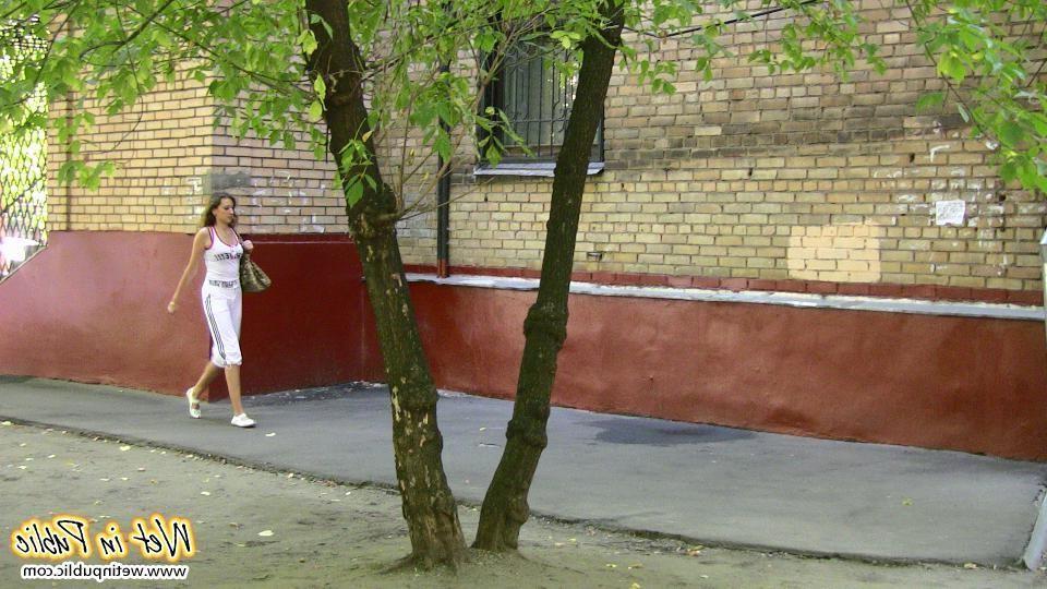 12P Urine-soaked white breeches and nude bold pussy of a public piss-ant