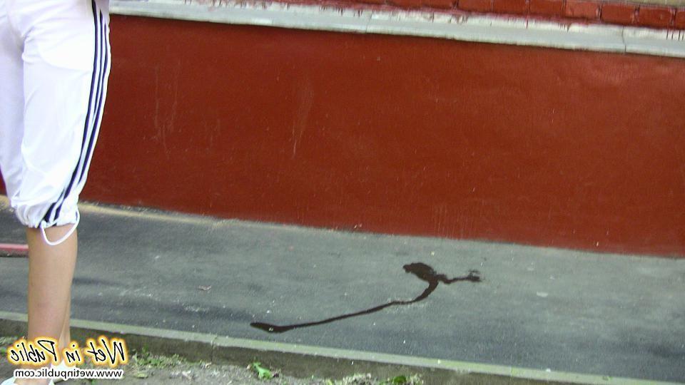 12P Urine-soaked white breeches and nude bold pussy of a public piss-ant