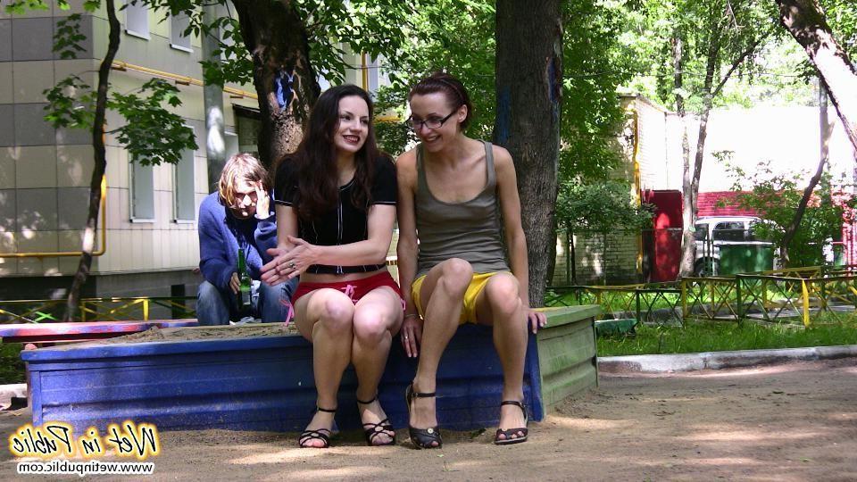 12P Public mess of two chicks in shorts who cannot control their bladders
