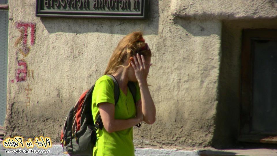 12P Humiliated slut who just pissed her white breeches right in the street