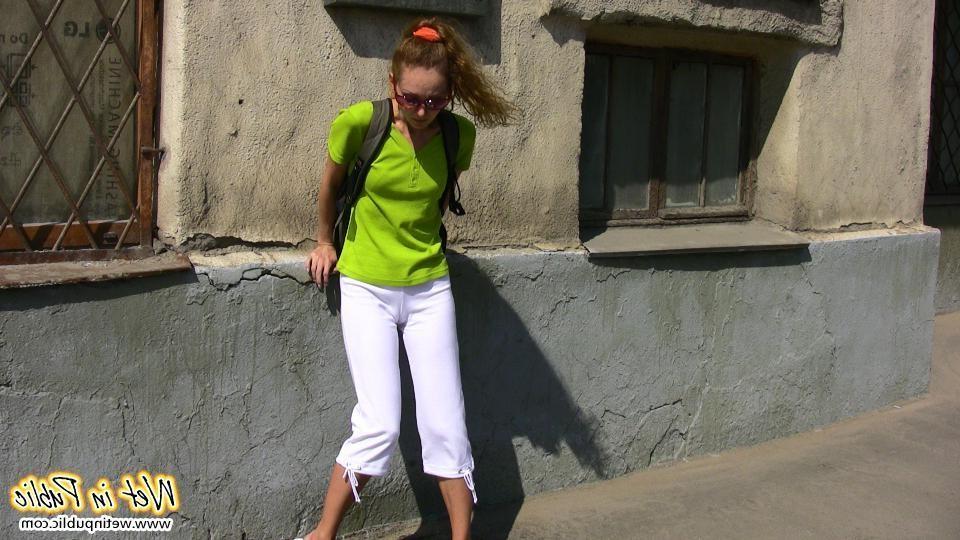 12P Humiliated slut who just pissed her white breeches right in the street