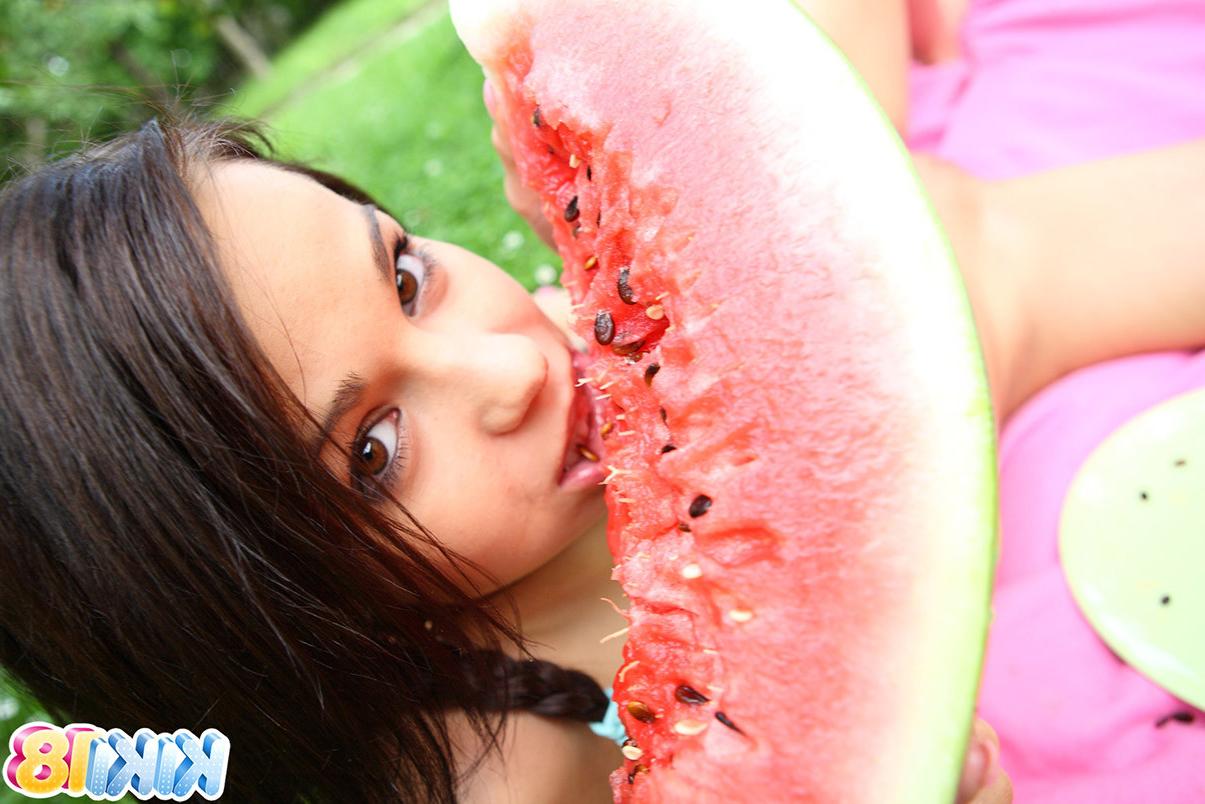 15P Tiny tit teenie Kiki enjoying her juicy watermellon