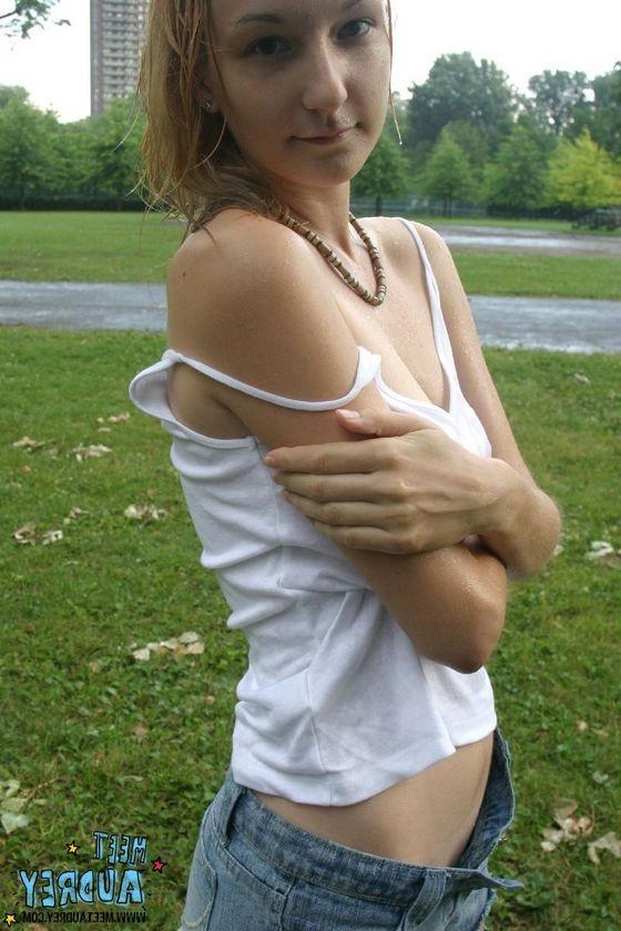 16P Cute blonde teenie with natural boobs having fun out in the rain