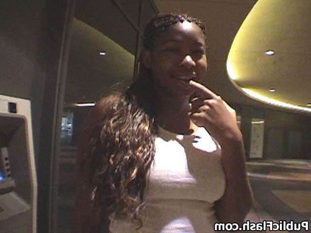 16P ebony chick flashing tits and ass in public