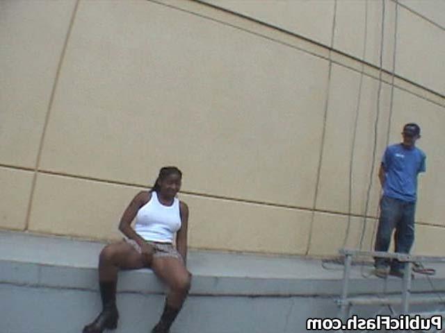 16P ebony chick flashing tits and ass in public