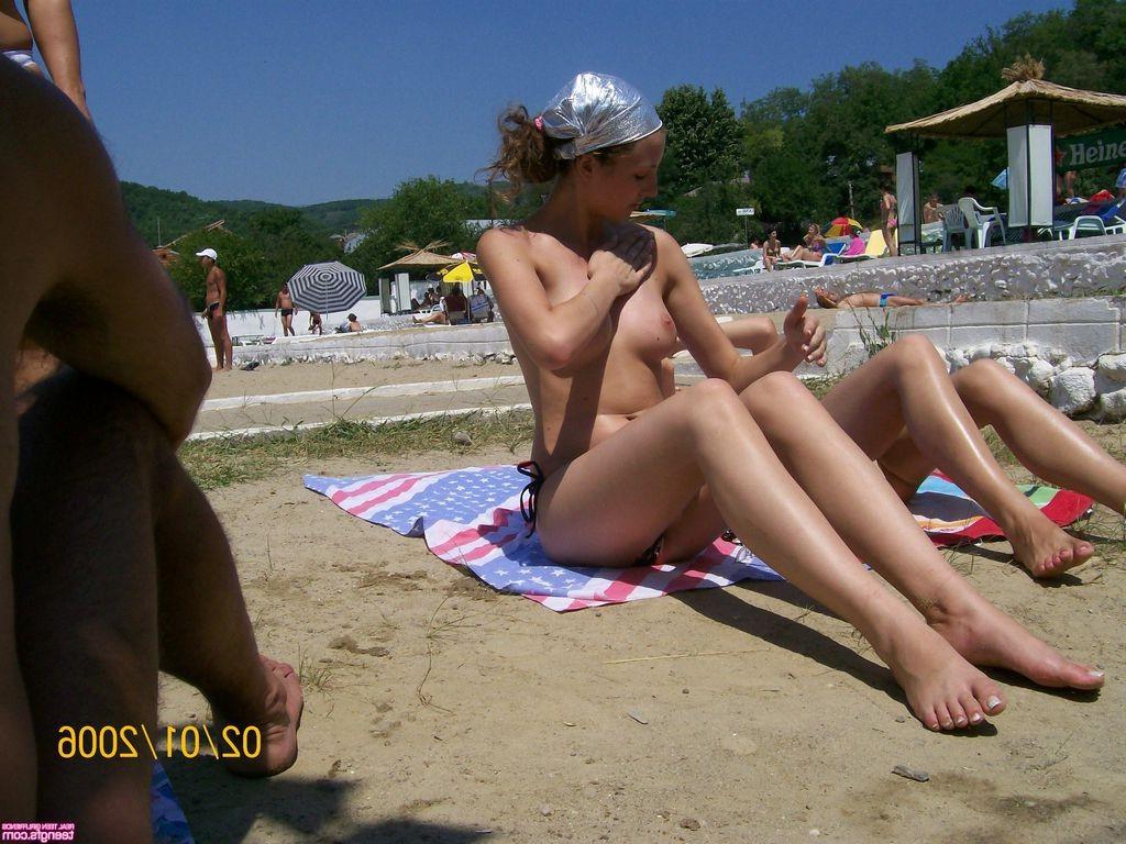 16P Teen cutie tanning topless in public with her friend