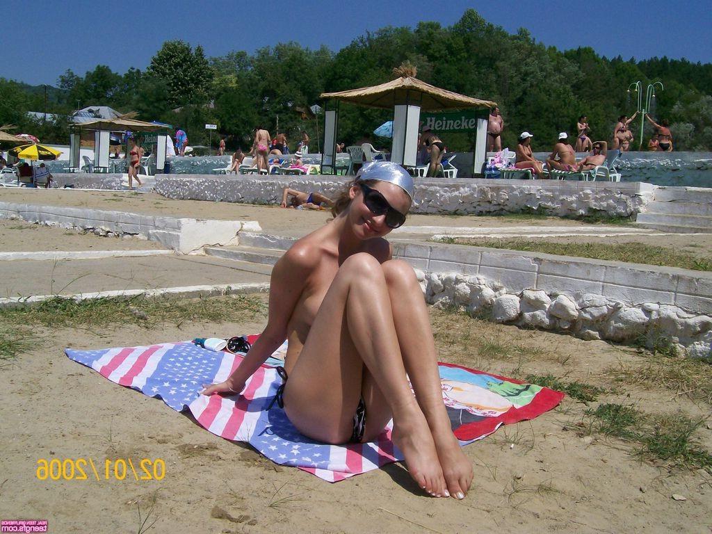 16P Teen cutie tanning topless in public with her friend