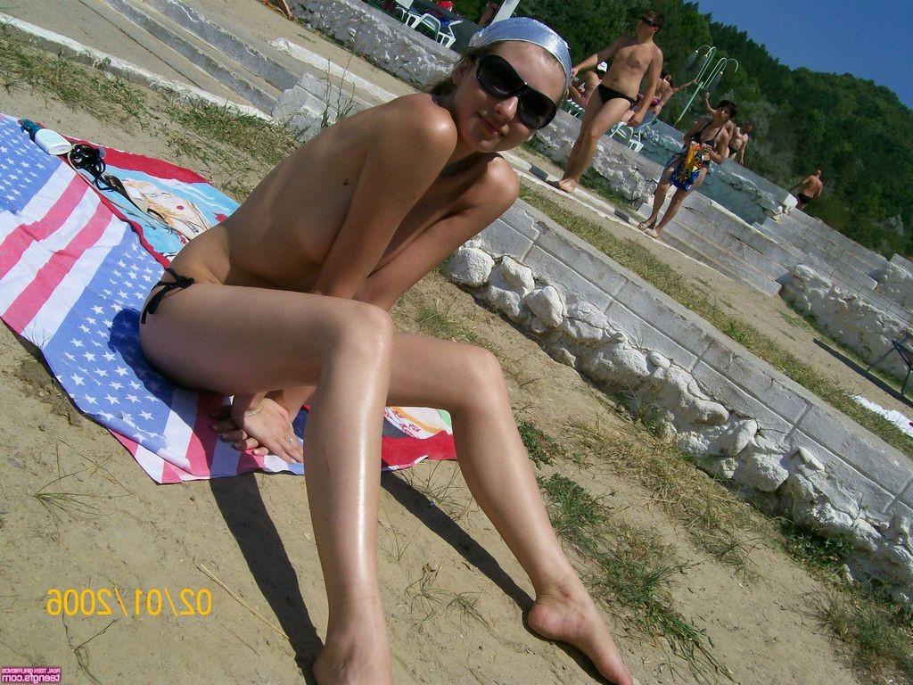 16P Teen cutie tanning topless in public with her friend