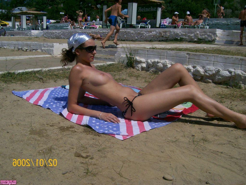 16P Teen cutie tanning topless in public with her friend
