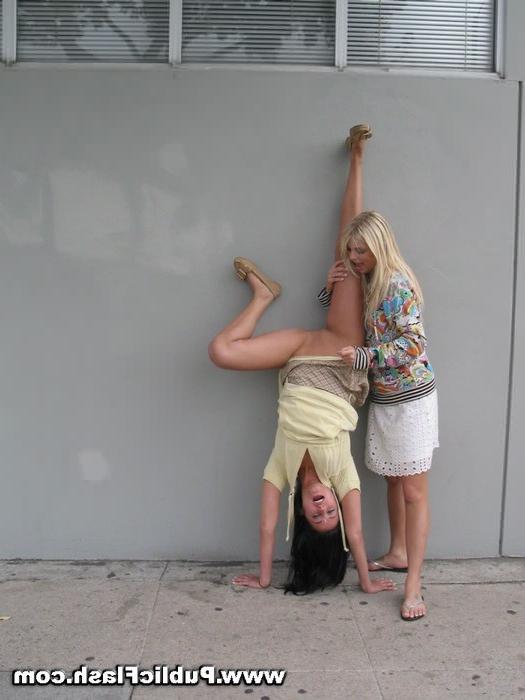 16P Flashing Blonde and Brunette Duo Bare Tits Ass n Pussy in Public