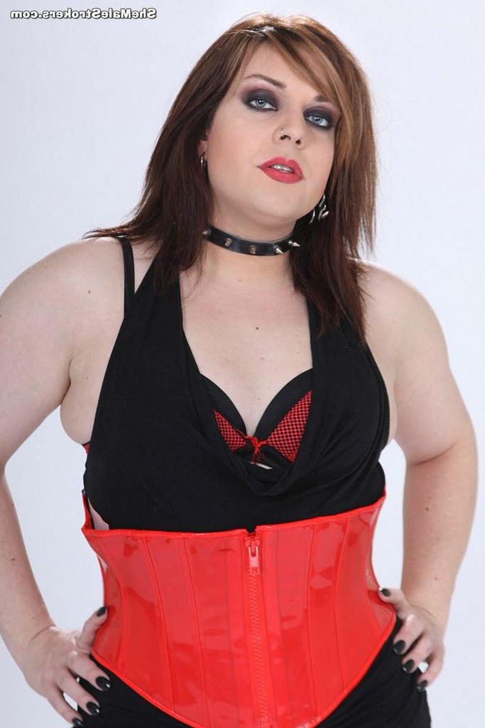 15P Curvy horny shemale beauty strokes her hard cock