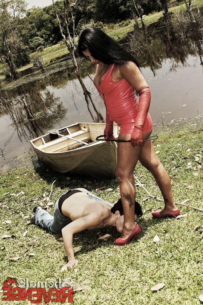 15P Shemale in red PVC ripping a new asshole to her submissive slut