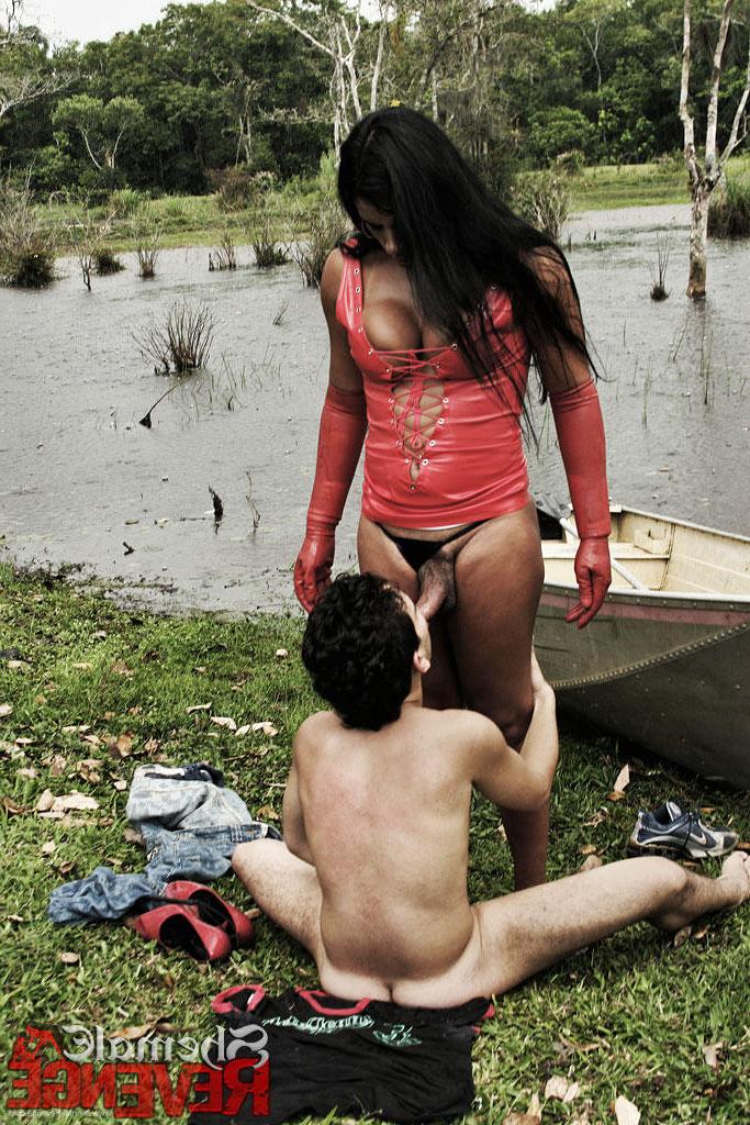 15P Shemale in red PVC ripping a new asshole to her submissive slut