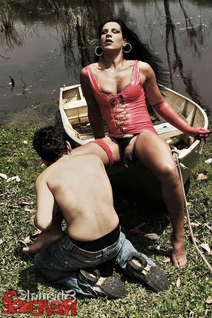 15P Shemale in red PVC ripping a new asshole to her submissive slut