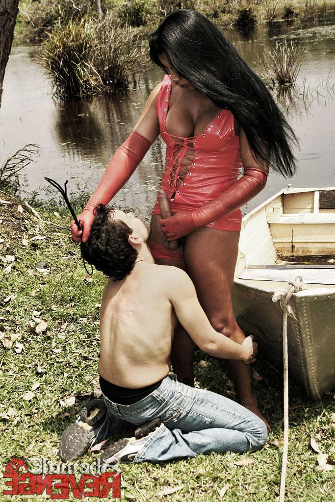15P Shemale in red PVC ripping a new asshole to her submissive slut