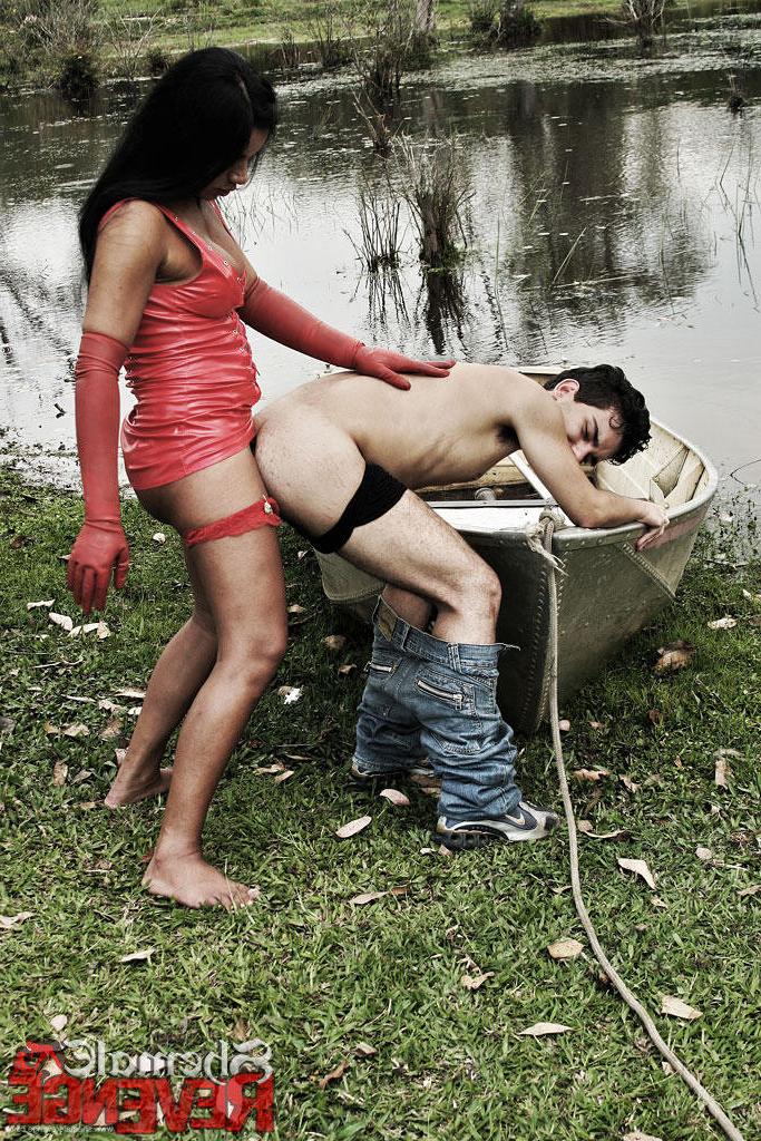 15P Shemale in red PVC ripping a new asshole to her submissive slut
