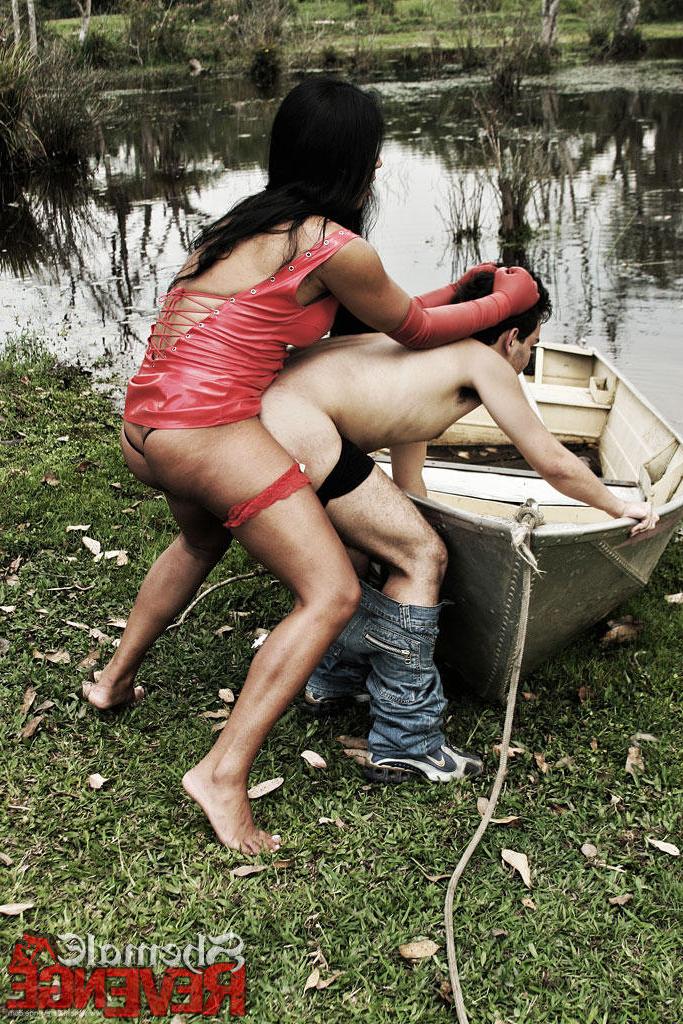 15P Shemale in red PVC ripping a new asshole to her submissive slut