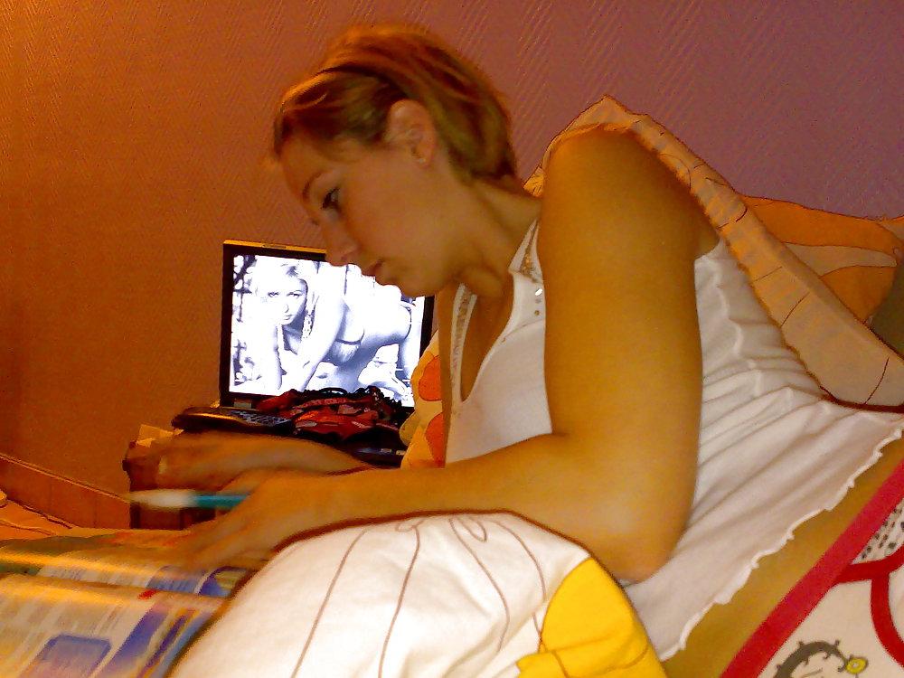 19P Slutyt bitch blonde teen  in stockings and upskirt! 