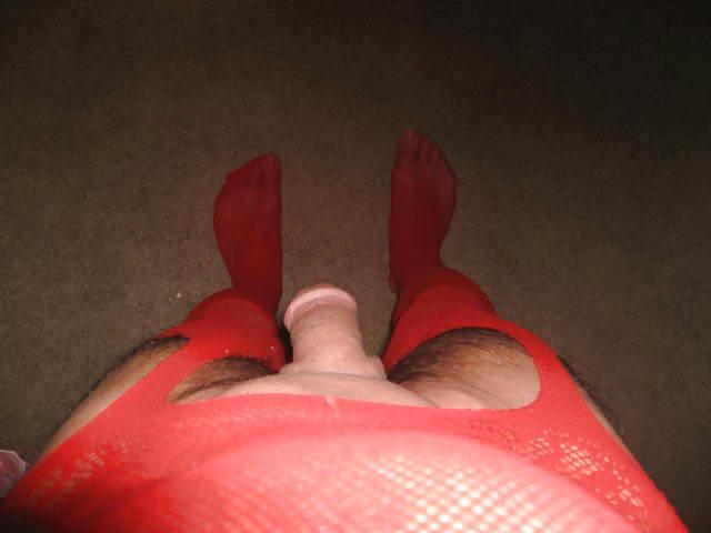 17P Sissy Slut Struts in Her Red Body Stocking