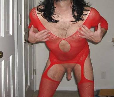 17P Sissy Slut Struts in Her Red Body Stocking