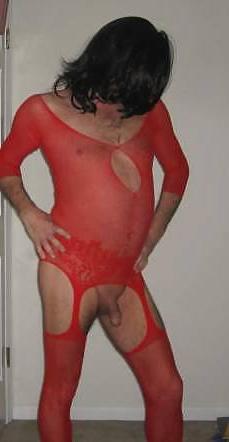 17P Sissy Slut Struts in Her Red Body Stocking