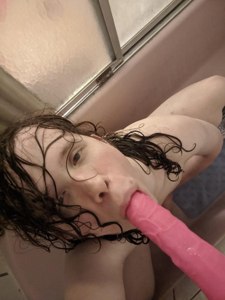 25P Long Haired Femboy Sucks and Fucks Big Pink Dildo