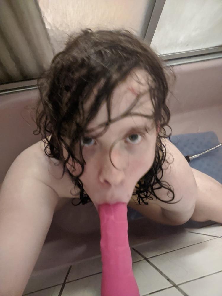 25P Long Haired Femboy Sucks and Fucks Big Pink Dildo