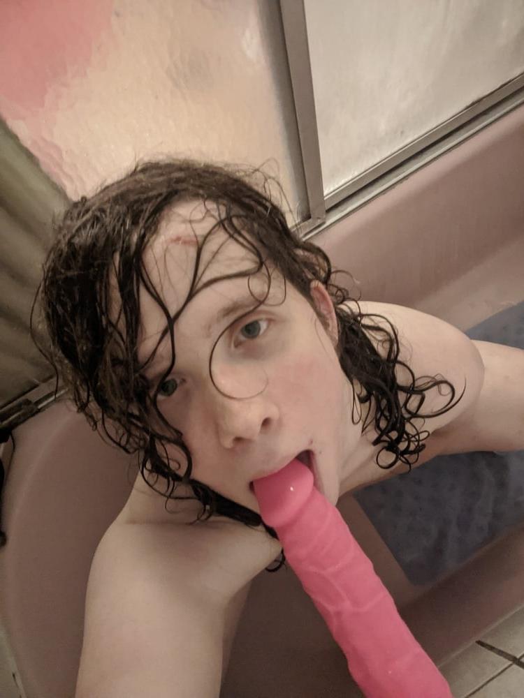 25P Long Haired Femboy Sucks and Fucks Big Pink Dildo