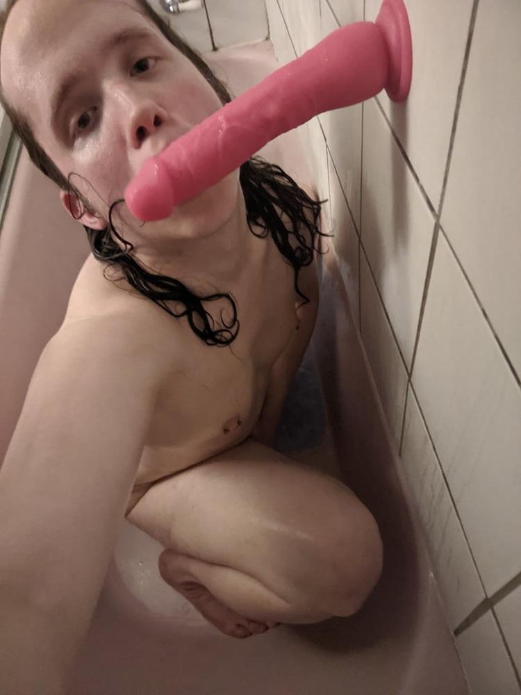 25P Long Haired Femboy Sucks and Fucks Big Pink Dildo
