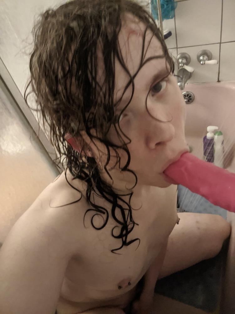 25P Long Haired Femboy Sucks and Fucks Big Pink Dildo