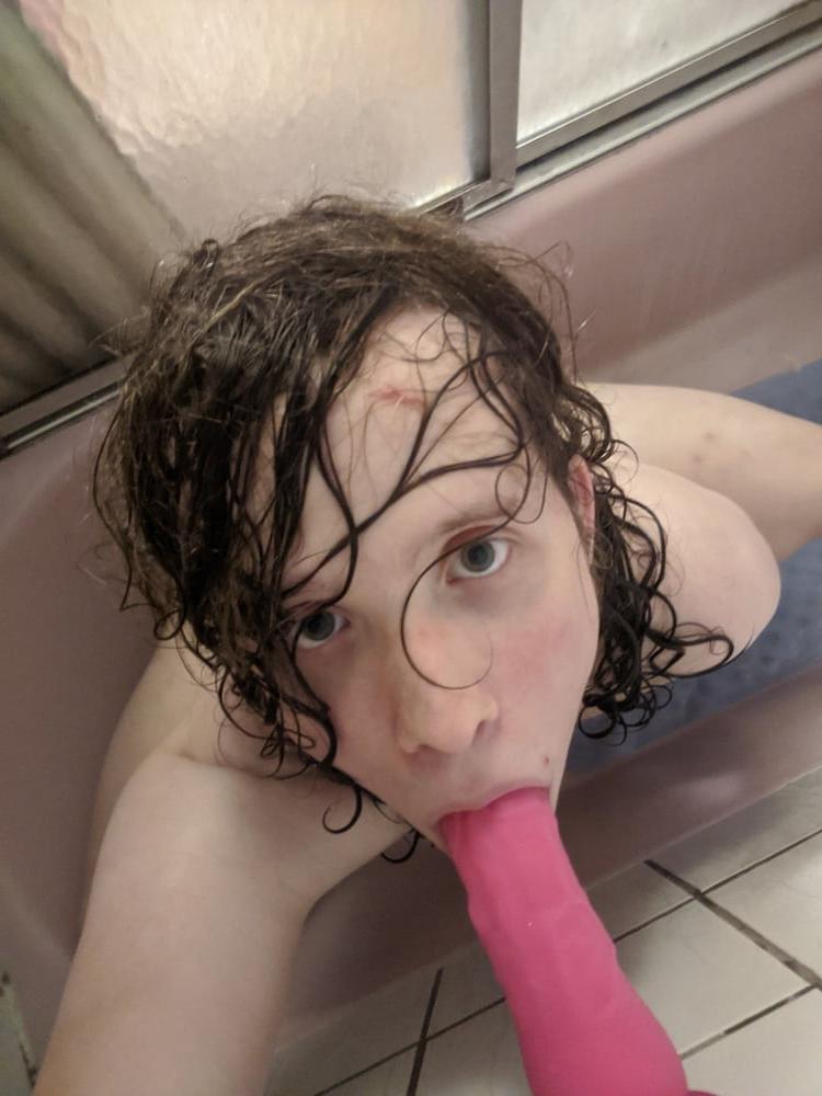 25P Long Haired Femboy Sucks and Fucks Big Pink Dildo
